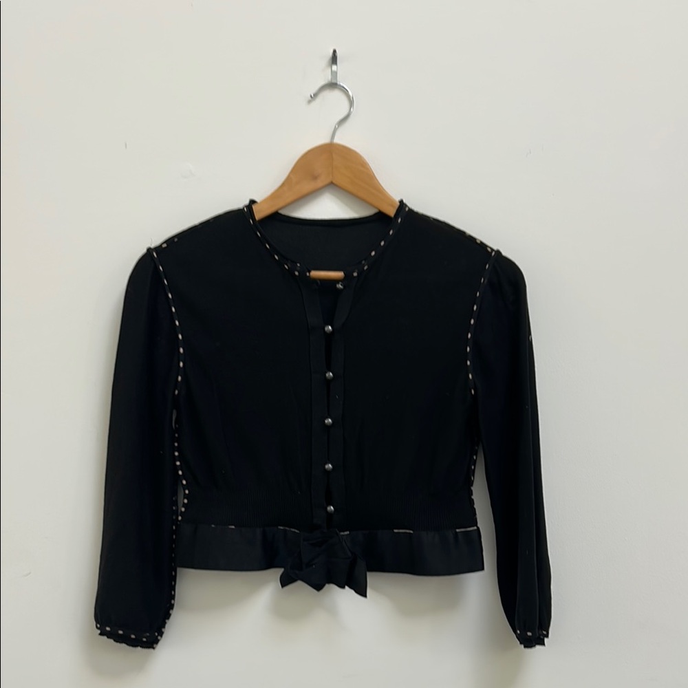 Vintage Black Button-Up cropped sweater with silk piping and satin waistband